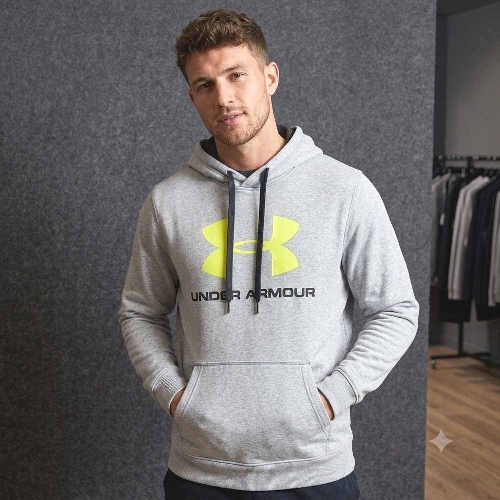 Under Armour Mens Size Large ColdGear Fitted Hoodie Gray Neon Yellow Logo Casual